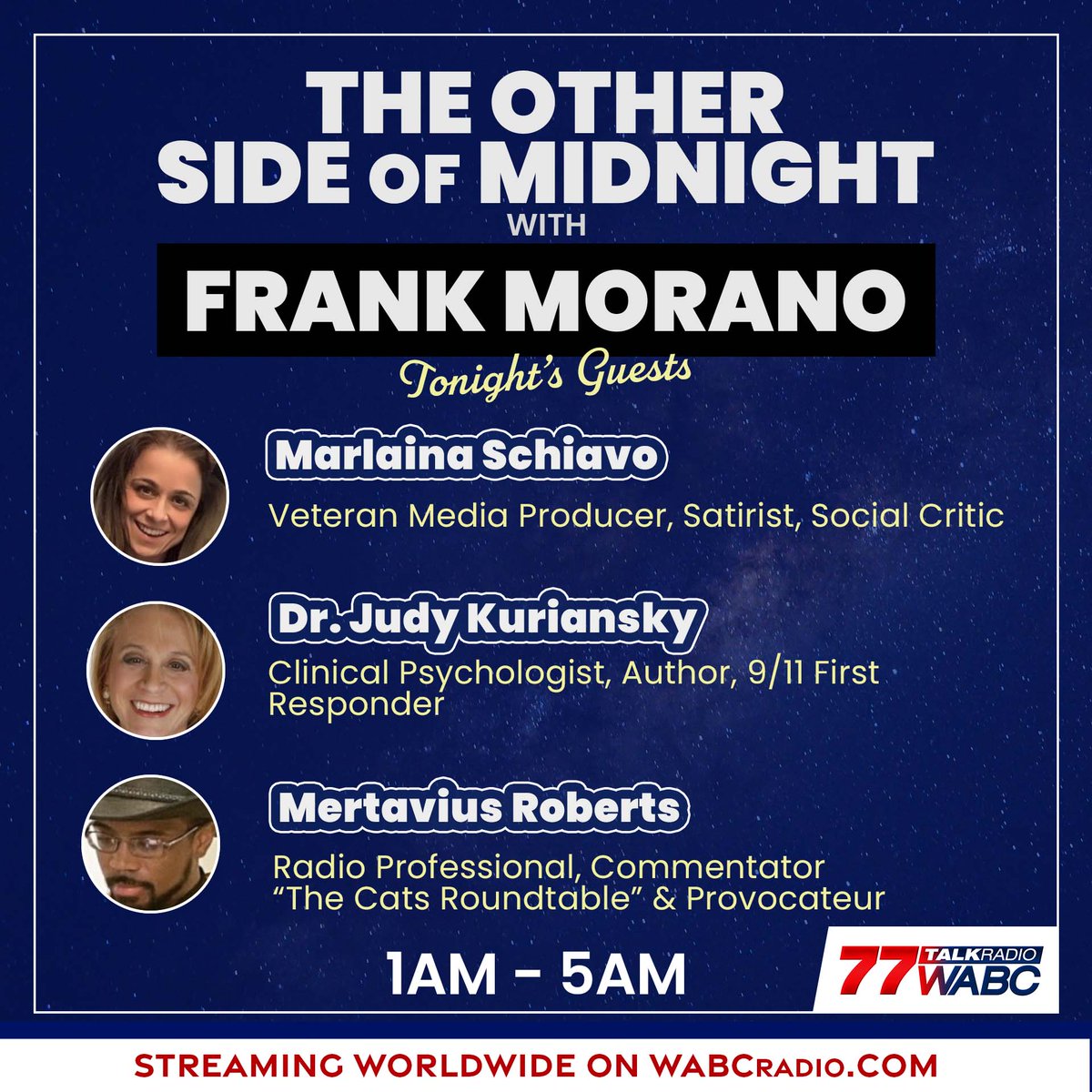 First new show of 2022!

Listen on <a href="/77WABCradio/">TalkRadio 77 WABC</a>. We'll have a power panel in the 1am hour featuring <a href="/MarlainaSchiavo/">Marlaina Schiavo</a> <a href="/DrJudyK/">Judy Kuriansky</a> &amp; <a href="/mertavius/">Mert</a>.

At 2:30 AM ET, I'll talk #UFOs with <a href="/ParabnormalShow/">Into The Parabnormal</a>.

Catch it all on wabcradio.com

#HappyNewYear
