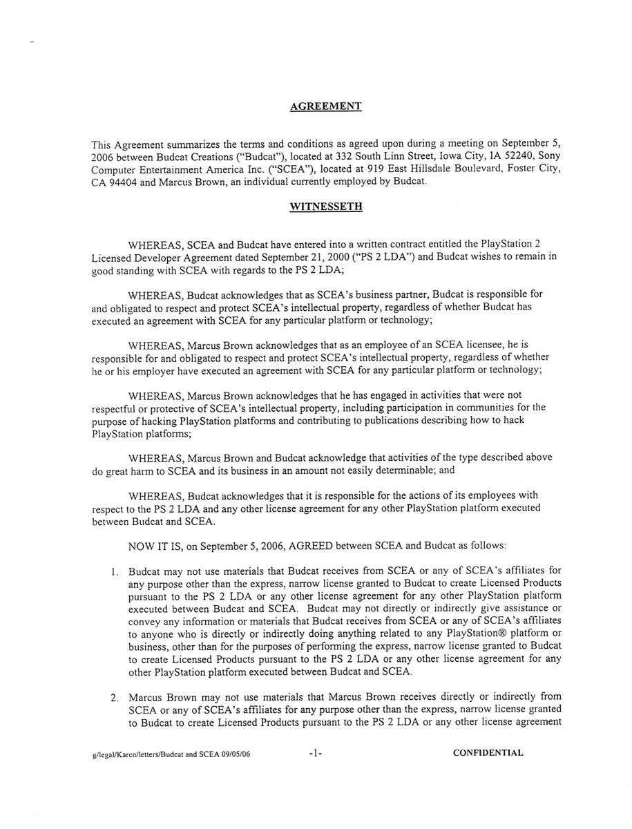 mrbrodev's tweet photo. 1/6 WITNESSETH! A thread with history of how Sony had treated us "hackers" in the past. Sony attempted to drive me out of games for years for legally opening the PS2 and PSP. This "agreement" went down before the George Hotz lawsuit on PS3. I'll add the background in the thread https://t.co/VZnqlyReEV