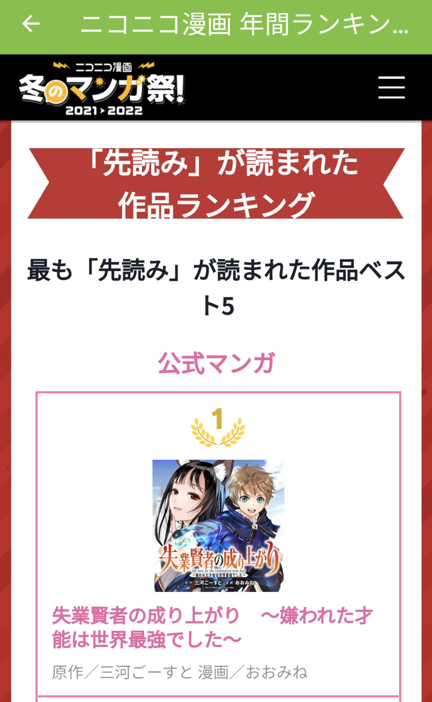 おおみね 失業賢者 魔力スポット Pa Twitter 失業賢者が 21年にニコニコ漫画で先読みが読まれた作品1位 ギフトが贈られた漫画5位だそうです いつも読んでくださってる皆さん ありがとうございます ニコニコ漫画 年間ランキング21 いろいろ部門 T Co