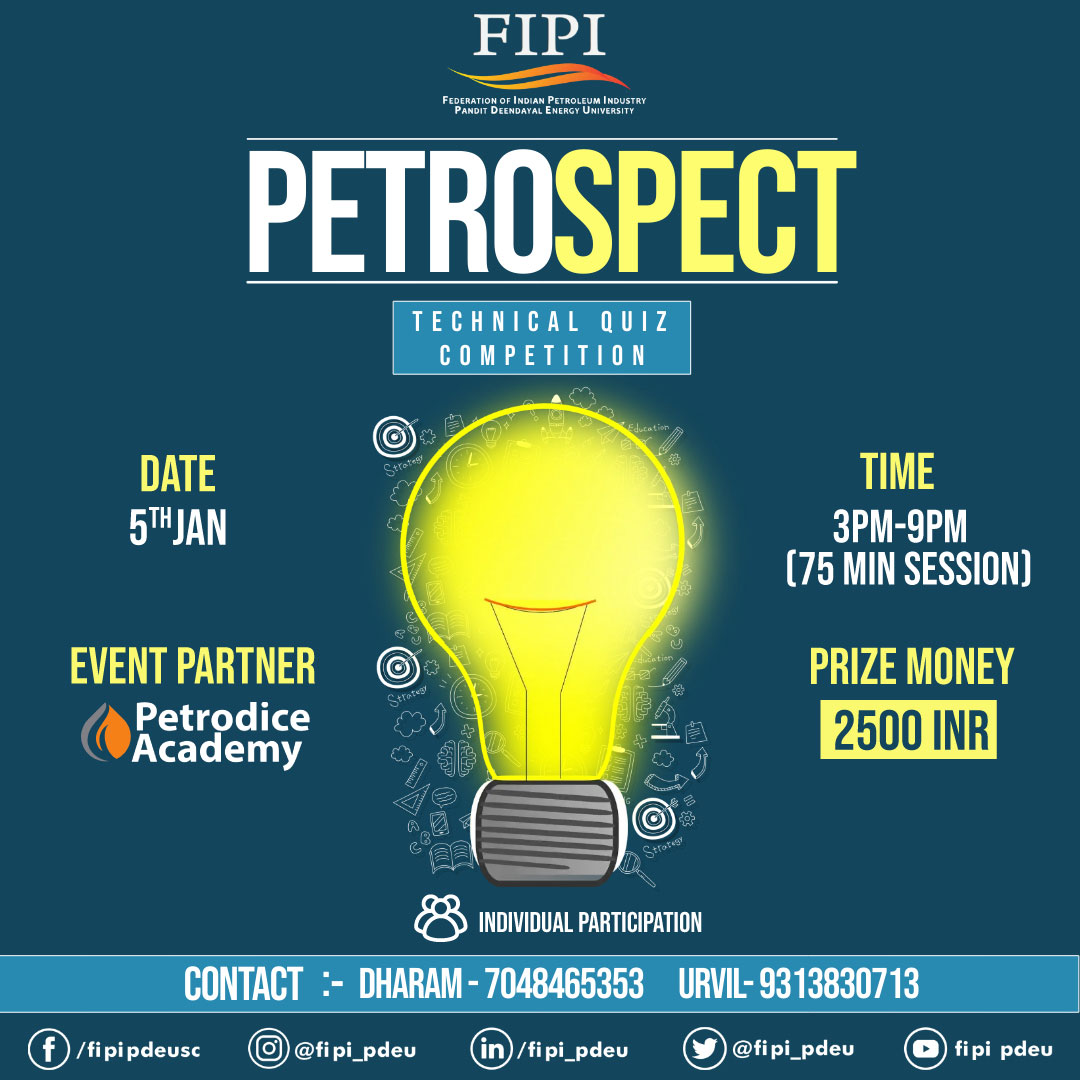 fipi_pdeu's tweet image. Under the banner of COALESCE 4.0, FIPI PDEU Student Chapter is euphoric to bring you 𝗣𝗘𝗧𝗥𝗢𝗦𝗣𝗘𝗖𝗧 - 𝗧𝗲𝗰𝗵𝗻𝗶𝗰𝗮𝗹 𝗤𝘂𝗶𝘇 𝗖𝗼𝗺𝗽𝗲𝘁𝗶𝘁𝗶𝗼𝗻
Registration link : forms.gle/koJYyc1SwjzWxc…
#coalsece #petrospect #technicalquiz #fipipdeu #fipi #petroleum #petrodice