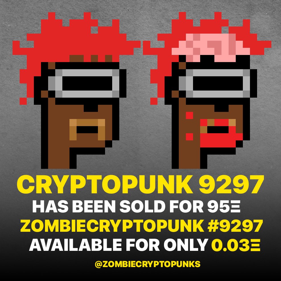 zcryptopunks's tweet photo. CryptoPunk 9297 has been sold for 95Ξ

Our Zombiecryptopunk #9297 is now available on @opensea only for 0.03Ξ

Who knows how much our @ZCryptoPunks will cost after 4 years

Use our very convenient collection search to find the most suitable punk for you!

#nft #nfts #nftcommunity https://t.co/hFQd9KH6nd