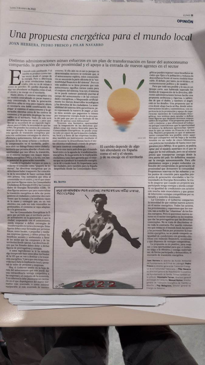Hoy escribimos en <a href="/elpais/">elpais</a> a muchas manos  "Una propuesta energética y de transformación para el mundo local", y la necesidad de un marco normativo ambicioso para las Comunidades Energéticas con <a href="/PedroFresco/">Pedro Fresco</a>,  Pilar Navarro, <a href="/Assumpfarran/">Assumpta Farran 🙋‍♀️</a>, Manuel Guirao y <a href="/PepMalagrava/">Pep Malagrava</a>