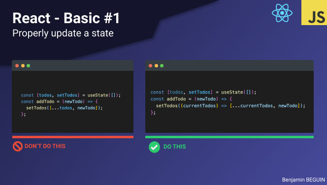 BenjaminBeg's tweet image. #React  #Javascript 

It’s easy to forget that the state in React is asynchronous.
Being asynchronous means that any modifications you make don’t take effect immediately.
React automatically batch update calls to improve performance. 

#software #development #frontend