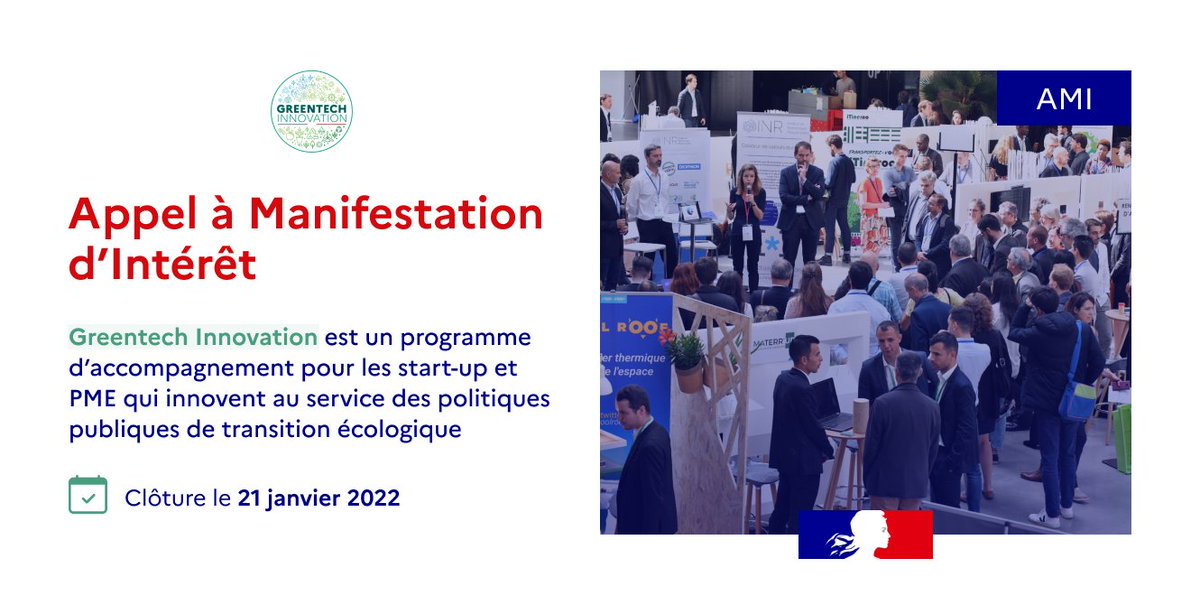 Vous êtes une #entreprise innovante et écologiquement responsable ? Jusqu'au 21 janvier 2022, les candidatures pour le label Greentech Innovation, porté par l'Ecolab <a href="/Ecologie_Gouv/">Min. Ecologie Territoire Transports Ville Logement</a>, sont ouvertes aux #startups ou #PME sur tout le territoire national. ➡️bit.ly/3EOzilr