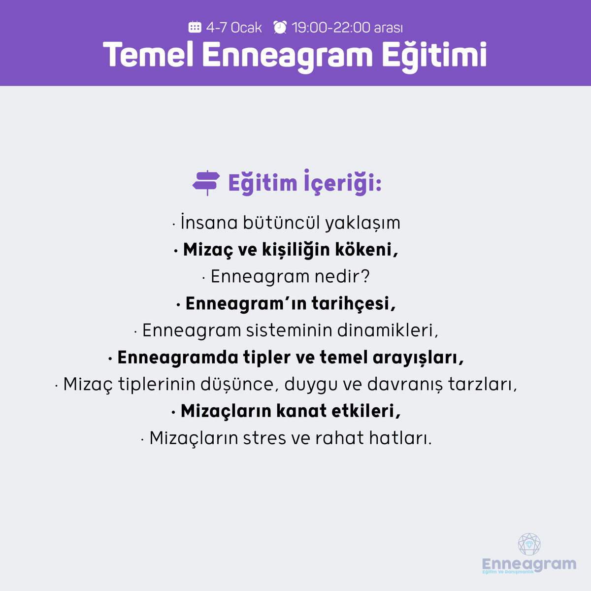 EnneagramEgitim's tweet photo. Temel Enneagram Eğitimi Ocak kayıtarı devam ediyor...

"#Enneagram Mizaç Merkezli Kişilik metodolojisinin temel kavramlarının, 9 mizaç yapısının anlatıldığı Enneagram’ın ilk basamak eğitimidir."

☎️ Kayıt ve Bilgi: 0555 759 73 45 https://t.co/OWD7CGj1Vo