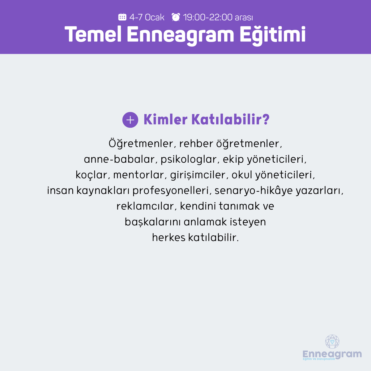 EnneagramEgitim's tweet photo. Temel Enneagram Eğitimi Ocak kayıtarı devam ediyor...

"#Enneagram Mizaç Merkezli Kişilik metodolojisinin temel kavramlarının, 9 mizaç yapısının anlatıldığı Enneagram’ın ilk basamak eğitimidir."

☎️ Kayıt ve Bilgi: 0555 759 73 45 https://t.co/OWD7CGj1Vo