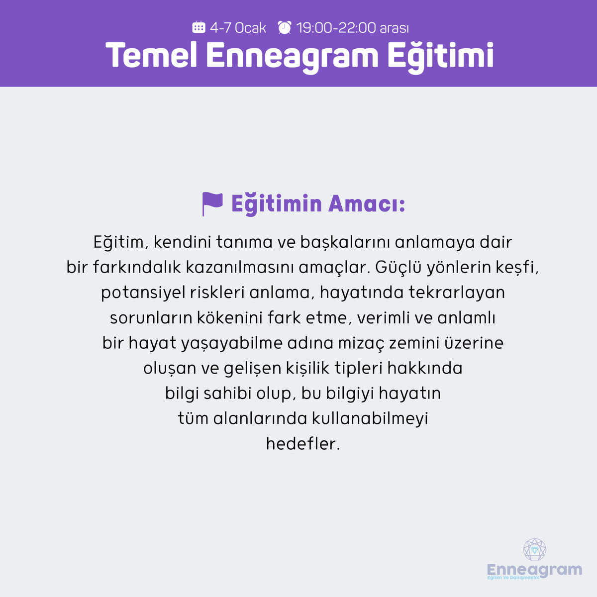 EnneagramEgitim's tweet photo. Temel Enneagram Eğitimi Ocak kayıtarı devam ediyor...

"#Enneagram Mizaç Merkezli Kişilik metodolojisinin temel kavramlarının, 9 mizaç yapısının anlatıldığı Enneagram’ın ilk basamak eğitimidir."

☎️ Kayıt ve Bilgi: 0555 759 73 45 https://t.co/OWD7CGj1Vo