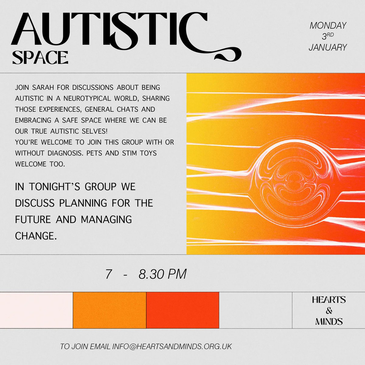 tonight, 7 -8.30pm. join Sarah in our group for autistic people age 14-26. tonight we’ll discuss planning for the future and managing change. 🌖🧭🛶📝🤸🏽🪁🌔