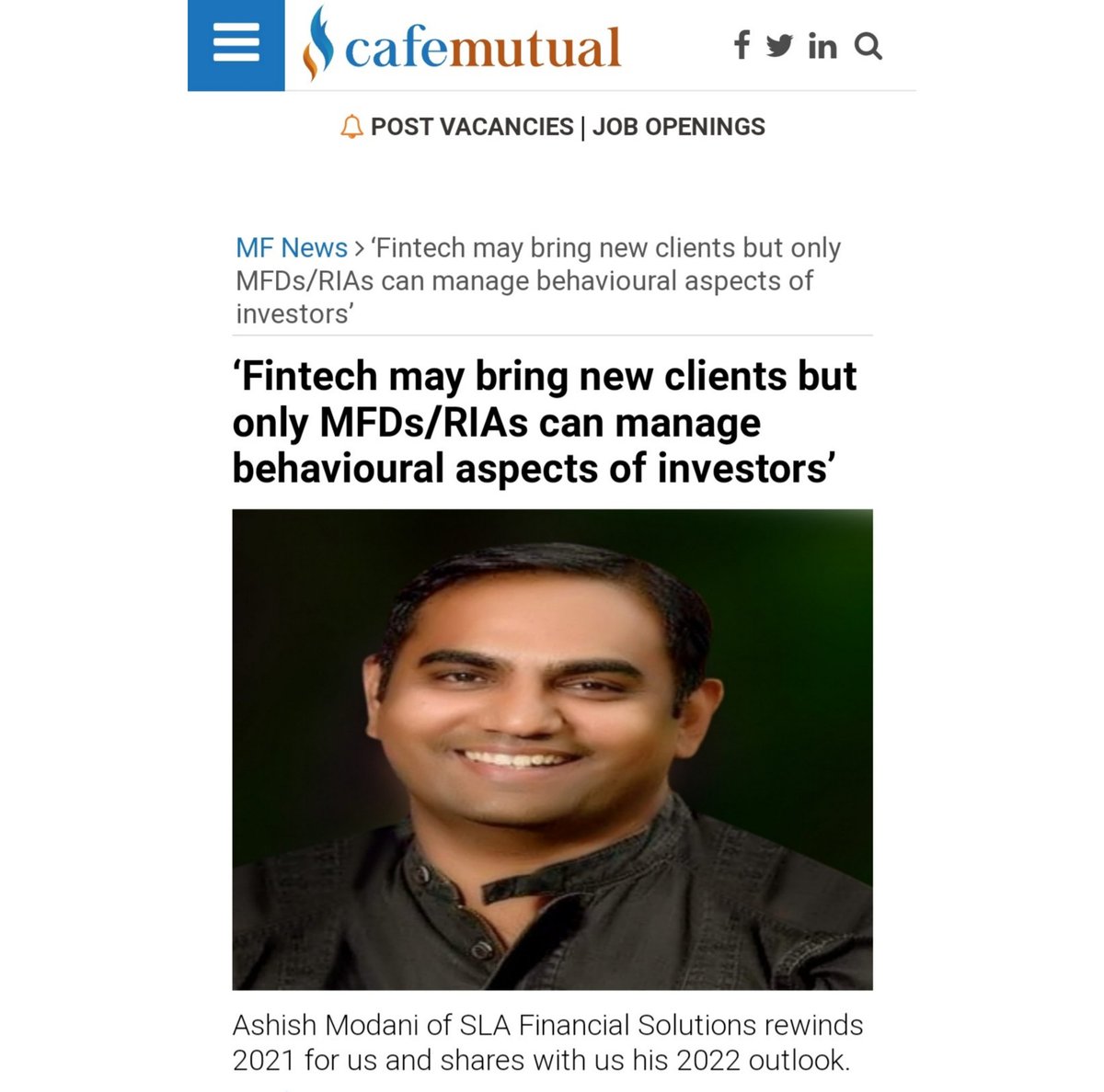 ashish_modani's tweet photo. Team @cafemutual reached out for a candid chat to reflect upon 2021 & anticipate the opportunities of this year.
Amongst other things we also discussed my personal learnings from 2021 & the investment trends to watch out in 2022 - https://t.co/RRWABKxJro
#AMtalks #MFDs #2022 https://t.co/JiEeiKSrCh