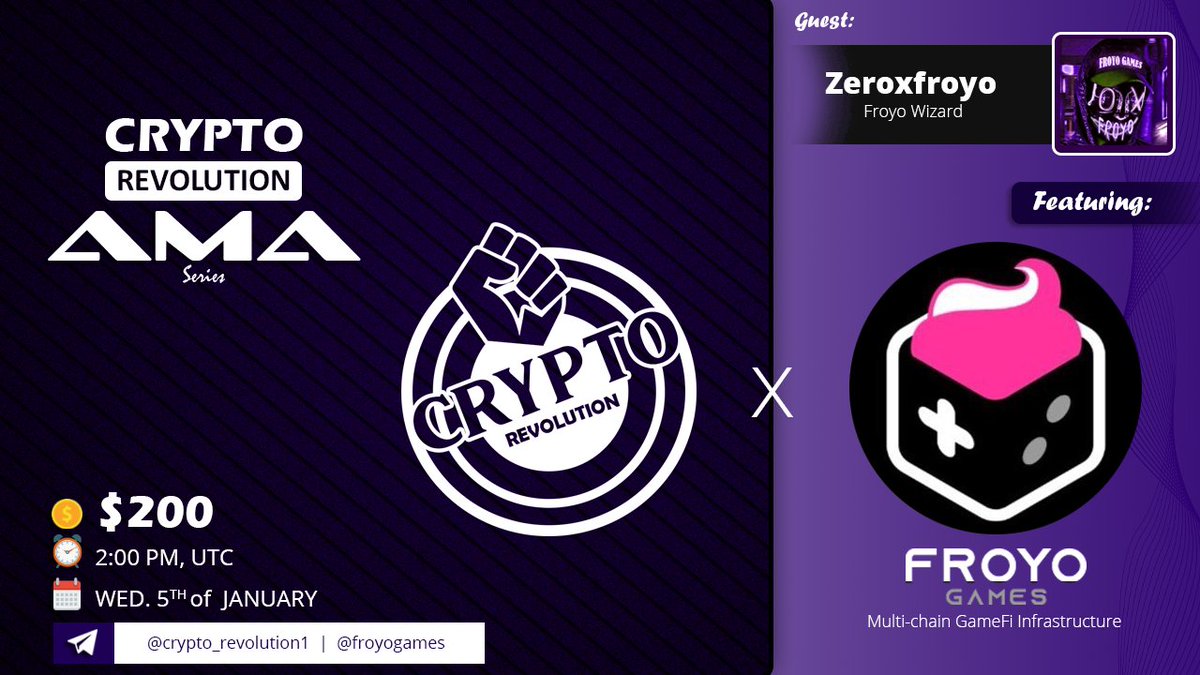 Crypto Revolution Masters (@revolut20) on Twitter photo Crypto Revolution is pleased to announce next AMA in the group on 5th of January, 2 PM UTC Time:
Crypto Revolution & Froyo Games
Follow:
<a href="/revolut20/">Crypto Revolution Masters</a>
<a href="/realfroyogames/">Froyo Games</a>
Like & Retweet, tag 3 friends and ask your questions bellow:
( Max 2 Questions per person )
#AMA #Crypto Crypto Revolution is pleased to announce next AMA in the group on 5th of January, 2 PM UTC Time:
Crypto Revolution & Froyo Games
Follow:
<a href="/revolut20/">Crypto Revolution Masters</a>
<a href="/realfroyogames/">Froyo Games</a>
Like & Retweet, tag 3 friends and ask your questions bellow:
( Max 2 Questions per person )
#AMA #Crypto