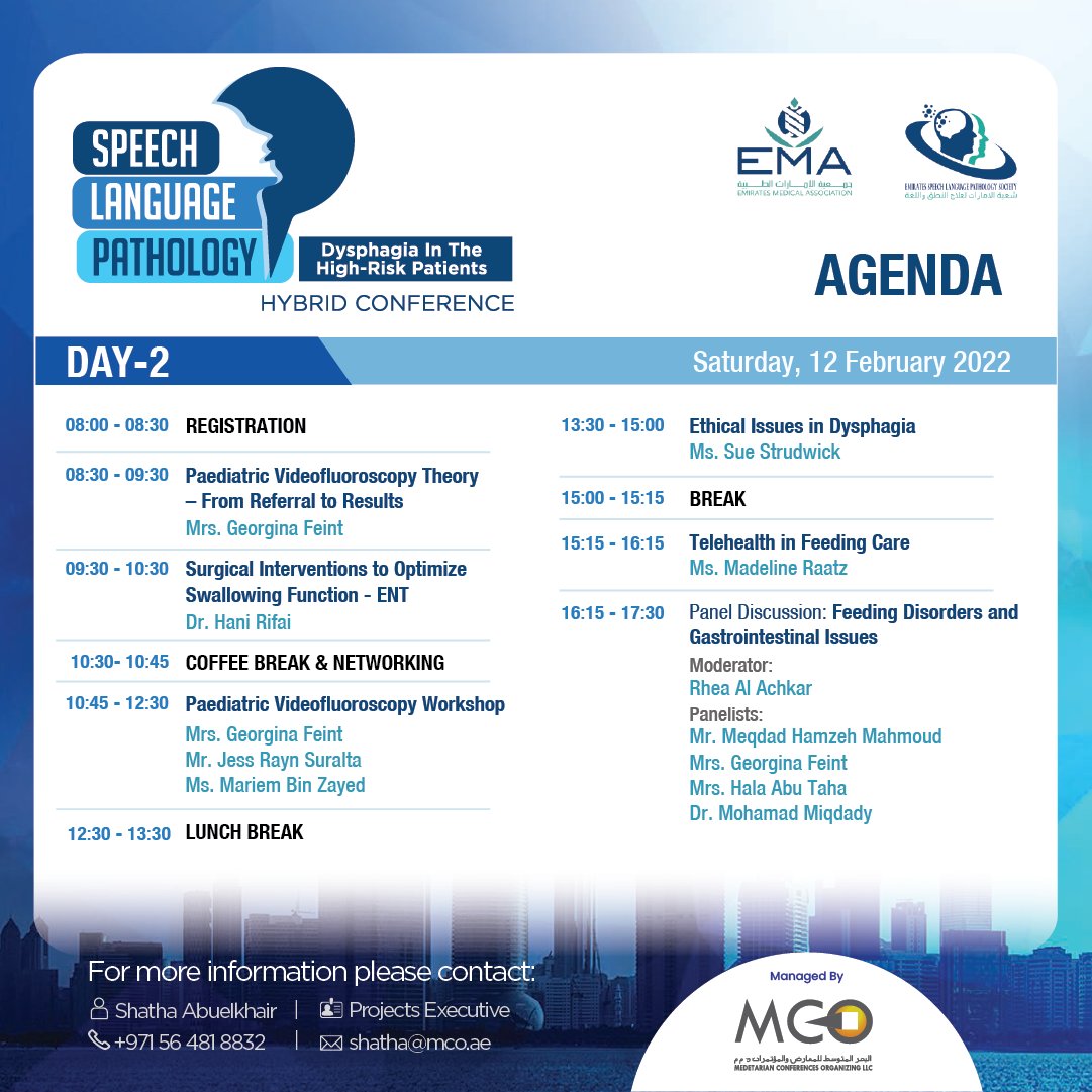 MCO_UAE's tweet photo. ☝️The Emirates Speech Language Pathology Conference will be discussing a variety of topics around #dysphagia in high-risk patients🏥
👉Check below the fully-packed agenda for the 2-day event & register now 🔗https://t.co/DxxvMRfDBz
@UaeEma
#mcowebinars #mcoconferences #hybrid https://t.co/9hT9Lcpg3d