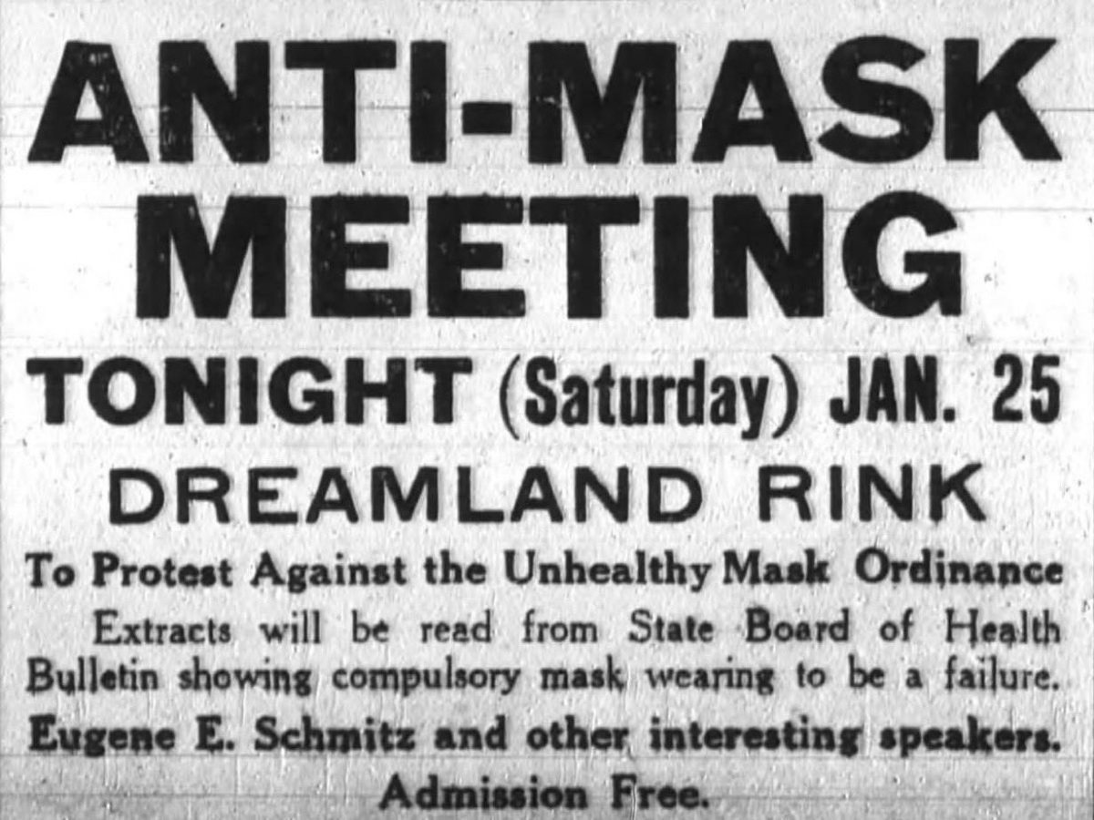 BeschlossDC's tweet photo. Anti-Mask League of San Francisco stages a public meeting during influenza pandemic, claiming that “compulsory mask wearing” is a “failure,” this month 1919: https://t.co/XHC0X6c4rv