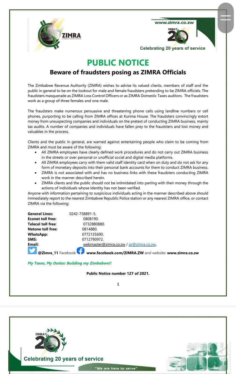 ***PUBLIC NOTICE***
Beware of fraudsters posing as ZIMRA officials