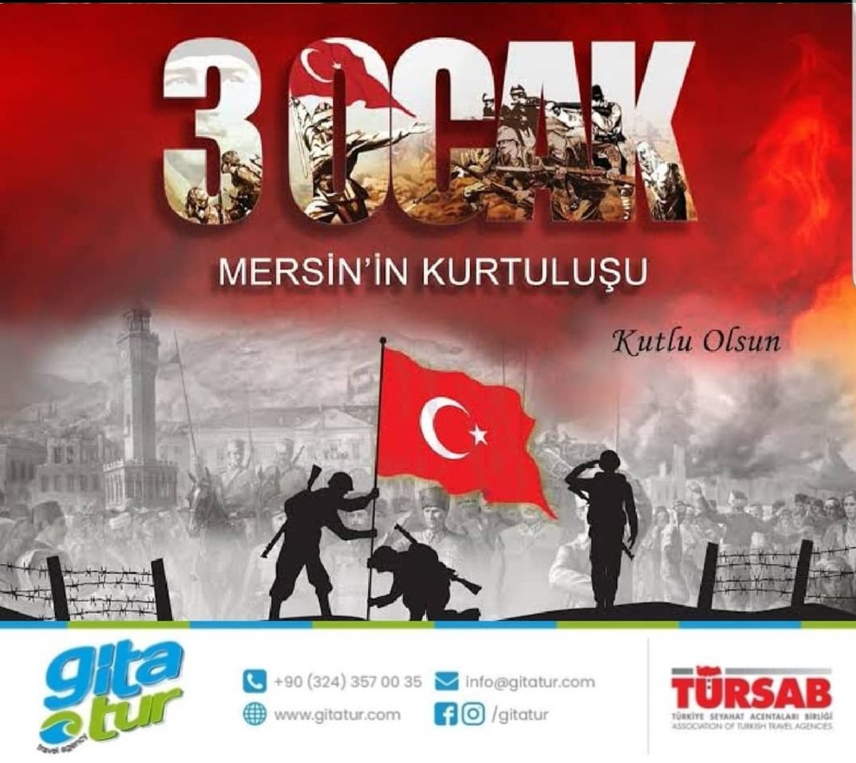 GitaTur's tweet photo. Güzel kentimiz Mersin'in düşman işgalinden kurtuluşunun 100.yıl dönümü kutlu olsun. #3Ocak
#gitatur #mersin #3ocakmersininkurtuluşu https://t.co/AgG17Be1nz