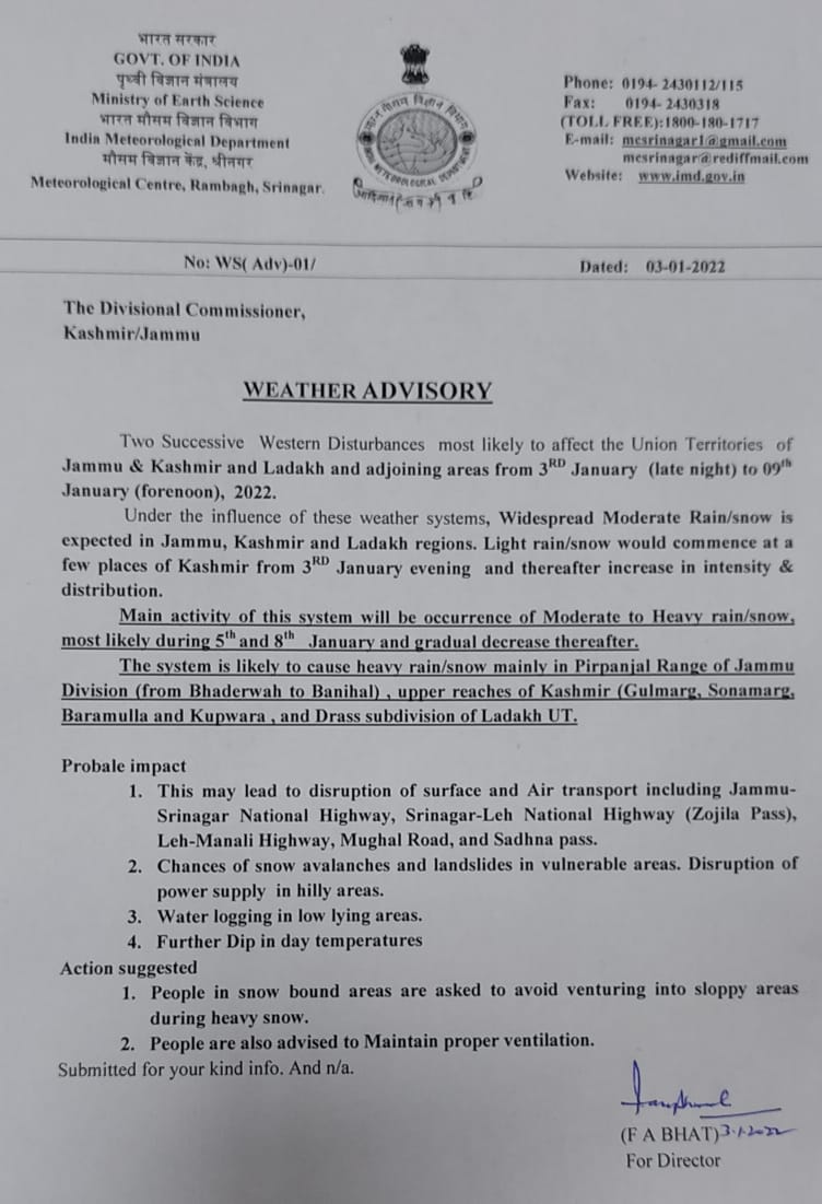 metsrinagar's tweet photo. Severe Weather Advisory/Warning for J&amp;K and Ladakh.. https://t.co/LBLW5CjDdr