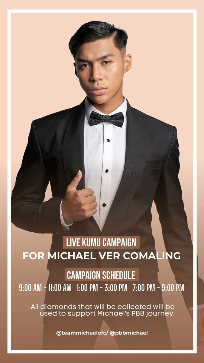 TeamMichaelOFC's tweet photo. What's up, belieVERs! 

We are inviting you to join our first live kumu campaign for Michael later at 7:00 PM. Rest assured that all diamonds that will be collected will be used to support Michael's PBB journey. 

See you there, fam! https://t.co/Ftlqe18SyF
