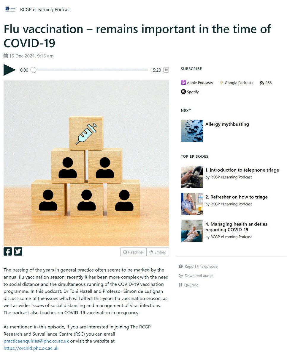 Flu vaccination remains as important as ever.  Podcast about its value at a time of COVID-19 <a href="/rcgp/">Royal College of General Practitioners</a> <a href="/ORCHID_Oxford/">ORCHID</a> 15 minute podcast including how GP colleagues might contribute to our fantastic surveillance network. audioboom.com/posts/7997469-…