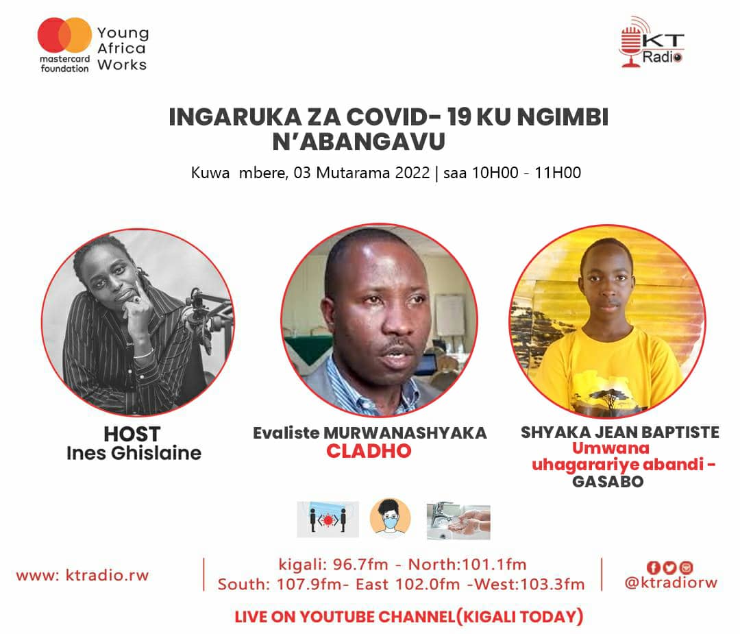 🛑Mu kanya saa 10am, murakurikira ikiganiro ku ngaruka za COVID-19 ku ngimbi n'abangavu. <a href="/Inesghislaine/">Ines Ghislaine</a> arakira umwana uhagarariye abandi n'umuyobozi muri <a href="/cladho_rw/">CLADHO</a>. Muragikurikira LIVE🔴 kuri YouTube yacu na KT Radio 96.7FM. Ni ikiganiro mugezwaho ku bufatanye na <a href="/MastercardFdn/">Mastercard Foundation</a>