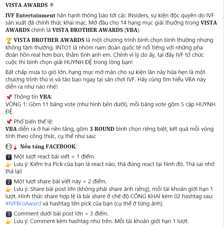 INTO1VF's tweet photo. 𝐕𝐈𝐒𝐓𝐀 𝐀𝐖𝐀𝐑𝐃𝐒 ®  
Sự kiện độc quyền do IVF sản xuất đã chính thức khai mạc. Mở đầu cho 14 hạng mục giải thưởng trong 𝐕𝐈𝐒𝐓𝐀 𝐀𝐖𝐀𝐑𝐃𝐒 chính là 𝐕𝐈𝐒𝐓𝐀 𝐁𝐑𝐎𝐓𝐇𝐄𝐑 𝐀𝐖𝐀𝐑𝐃𝐒 (𝐕𝐁𝐀).

#VistaAward
#IVFBroAward https://t.co/ZmloecX2UU