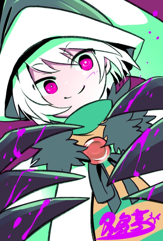 solo smile hat white hair short hair pink eyes looking at viewer  illustration images