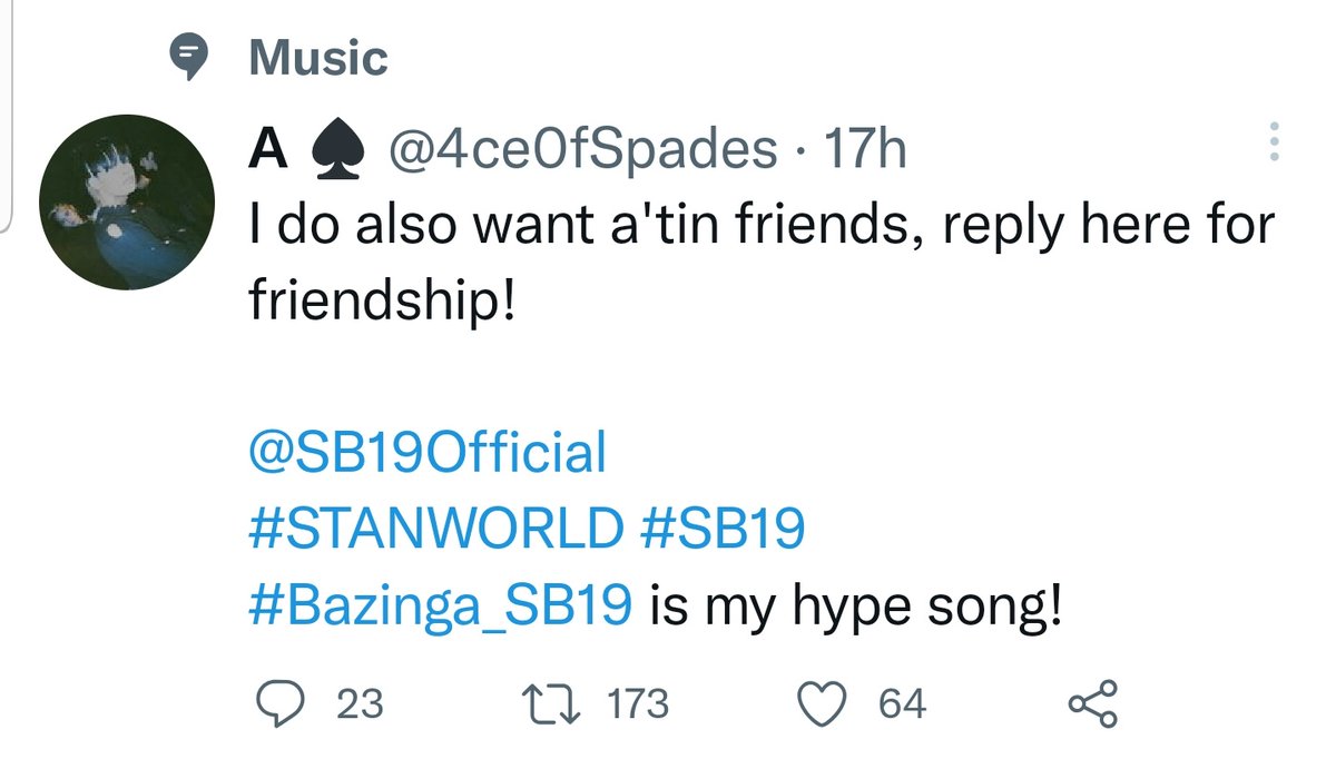 Sswsswssw7's tweet photo. @4ce0fSpades @SB19Official Your tweet is under MUSIC 🎶

Dropping my tags here! 🔥

‼BAZINGA deserves to be back on the TOP SPOT! ‼

@SB19Official #SB19 
#STANWORLD 
#Bazinga_SB19 is my hype song 🎶 https://t.co/oYj2yap00K
