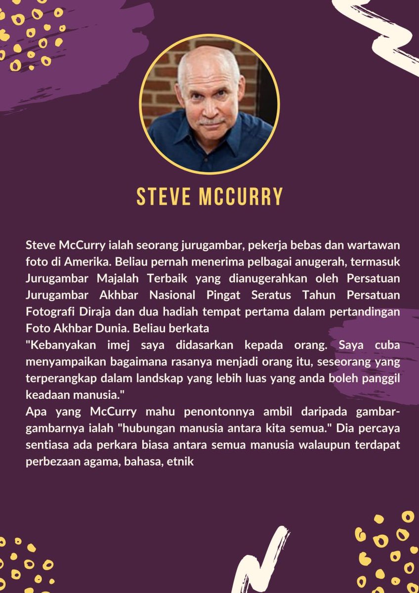 bbestsakba's tweet photo. Kenali jurugambar terkenal Steve McCurry serta hasil gambarnya yang unik! #birodp #spektrumilmu https://t.co/cVIGwOboQJ