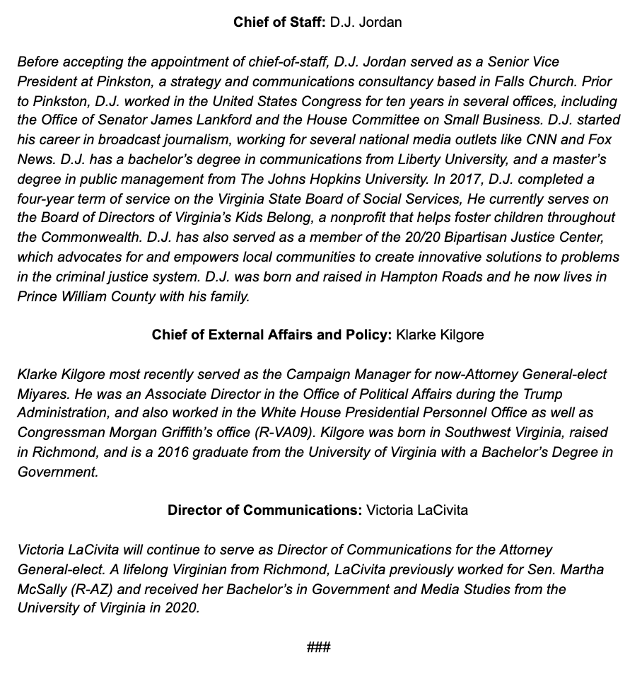 JasonMiyaresVA's tweet photo. Today, I'm excited to announce my Chief Deputy, Deputy Attorneys General, and Senior Staff. 

@ChuckSlemp is a brilliant lawyer, dedicated public servant &amp; I couldn't be more grateful he has accepted the position of Chief Deputy. He will be a strong asset to our team. https://t.co/gU6U5NMwM8