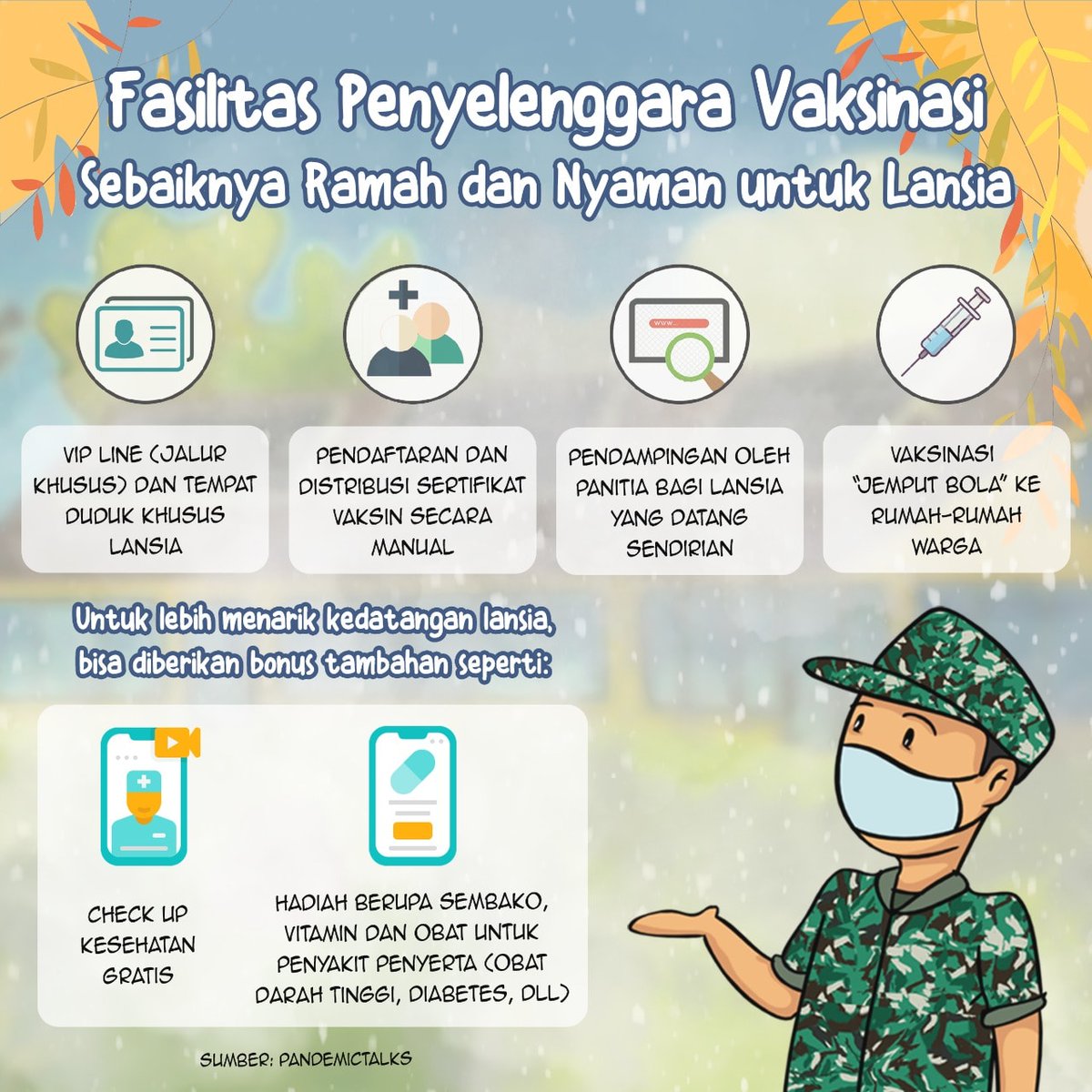 Sobat Binsa yuk bisa yuk target vaksin kita harus 75 % nih. Yuk bantu masyarakat khususnya lansia yang belum dapat vaksin, laporkan ke RT/RW/Tokoh masyarakat supaya bisa di datangi☺️

#KomikKita #SiBinsa #P5TNI #MasTagar #StopCovid19