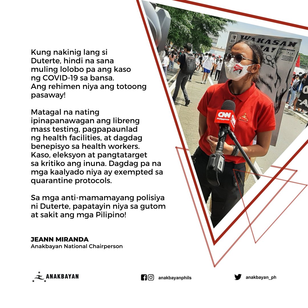 anakbayan_ph's tweet photo. BASAHIN: Pahayag ni Anakbayan Chairperson Jeann Miranda hinggil sa muling pagtaas ng kaso ng COVID-19 at pagsasailalim sa NCR at mga karatig-probinsya sa Alert Level 3.
Kasalukuyang "high risk" na ang bansa dahil sa patuloy na pagtaas ng kaso ng COVID-19.
#MassTestingNowPH https://t.co/tSJONplpci