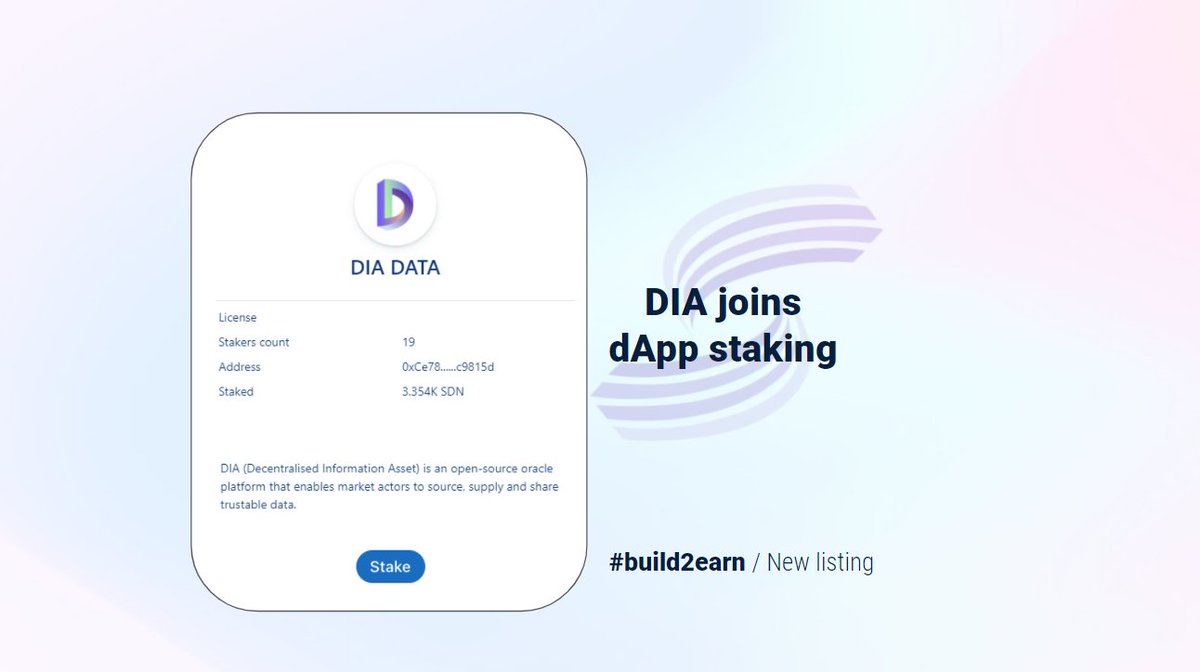 ShidenNetwork's tweet photo. Welcome @DIAdata_org! #DIA joins Shiden #build2earn protocol. DIA is an #opensource #oracle platform that enables market actors to source, supply and share trustable data. 

#b2e #dappstaking https://t.co/hNLRMNvW2g
