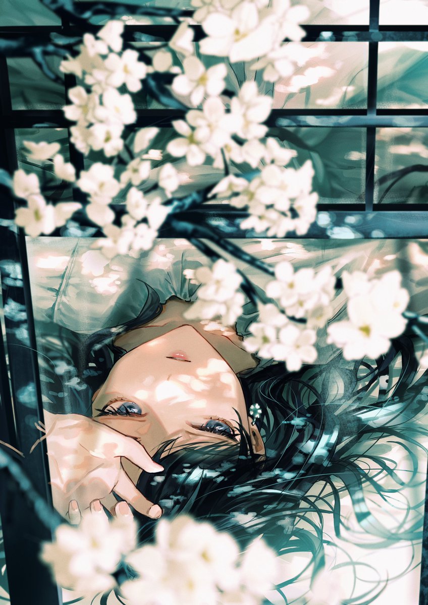 1girl solo black hair flower looking at viewer blue eyes blurry  illustration images