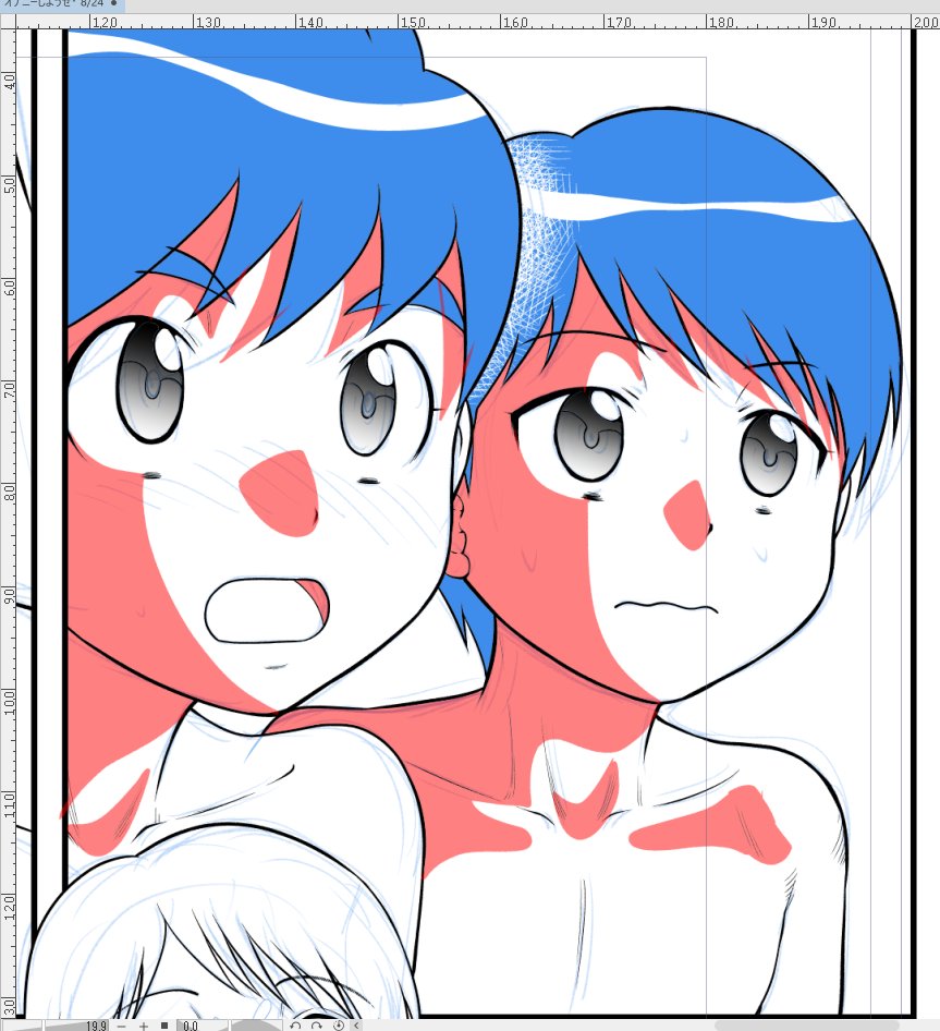 アニメ影みたいにペンツールで境界線を描いて、バケツツールで塗りつぶし、境界部分を透明色のエアブラシツールでぼかして選択範囲に変換し、グレーで塗りつぶすという手順です。 