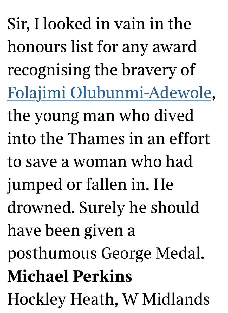 Spot on letter in  <a href="/thetimes/">The Times and The Sunday Times</a> - hero who gave his life to save another ignored by honours system (while politicians and party donors get gongs)