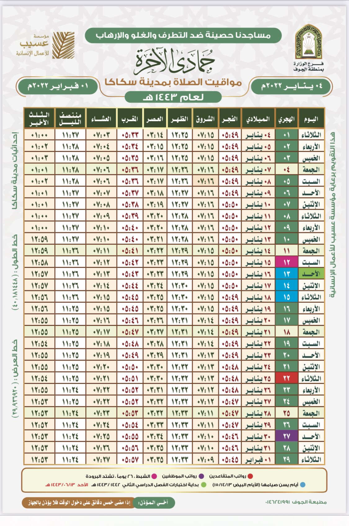 مواقيت الصلاة سكاكا 1442