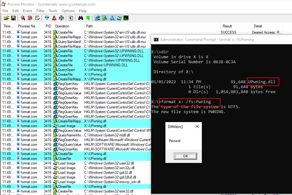 0gtweet's tweet image. WHAT?! 😂
If you provide /FS:FILESYSTEM parameter to the format[.]com utility, the resulting process will try to load (&quot;U&quot;+FILESYSTEM).DLL using the default search path...
The weirdest custom DLL launcher I have meet so far :D