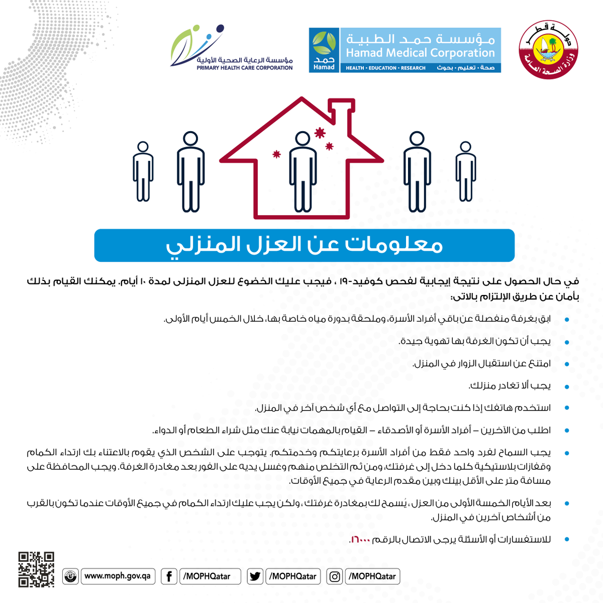 MOPHQatar's tweet photo. يمكن للمرضى المصابين بفيروس كورونا كوفيد-19 والذين يعانون من أعراض خفيفة أو متوسطة الخضوع للعزل المنزلي بأمان https://t.co/9euTh6k2nY