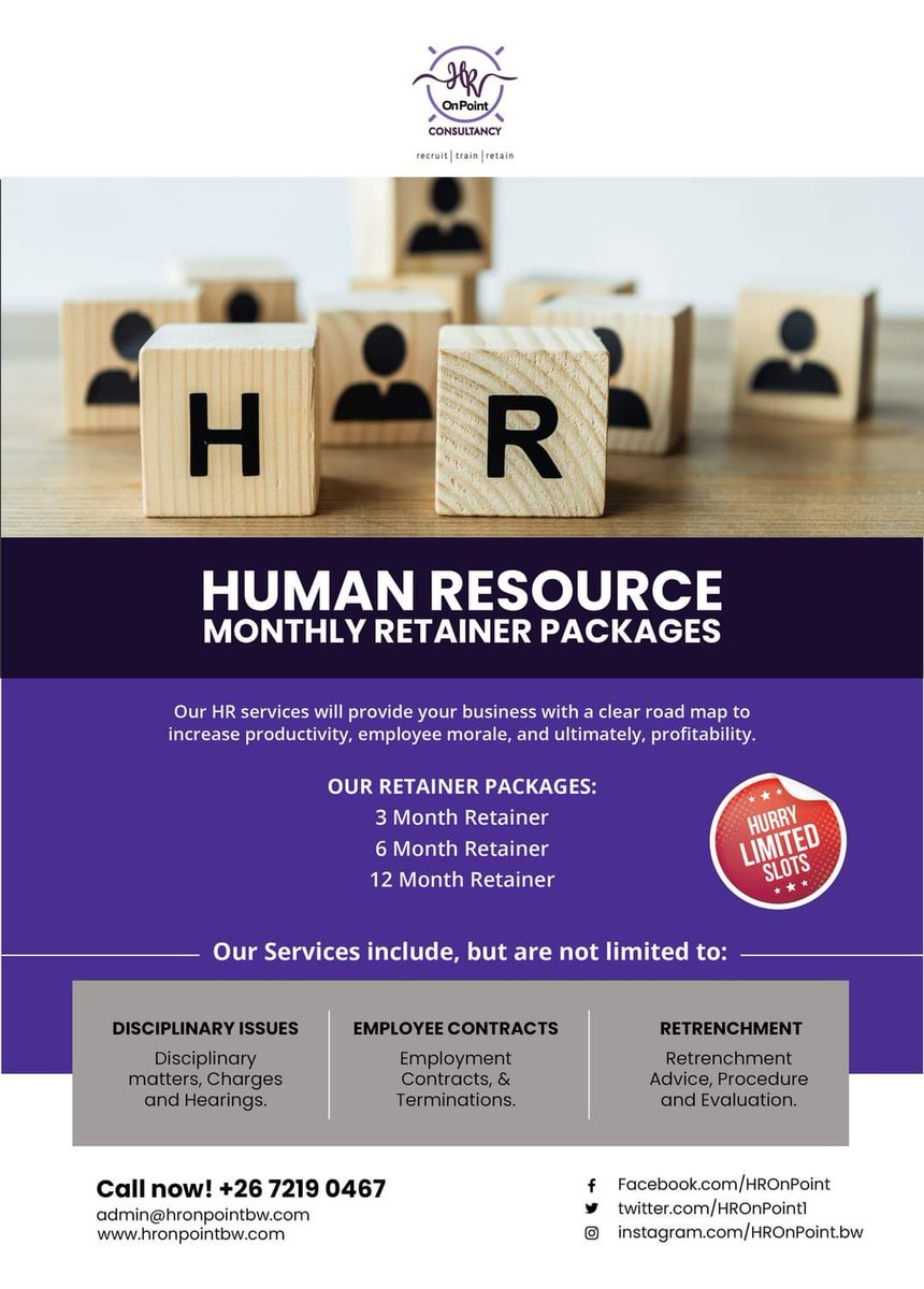 Human Resource Monthly Retainer Packages

Our HR services will provide your business with a clear roadmap to increase productivity, employee morale, and ultimately profitability.

Contact us today: +26 7219 0467

#HROnPoint #PushaBW #Botswana #Recruiting #HR #HumanResources