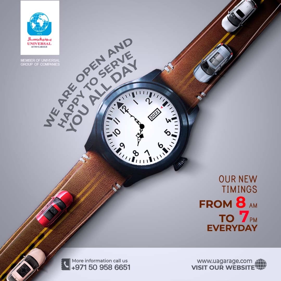ugc_ae's tweet photo. New year, New Timings!
We've updated our operational timings and here's the good news for you! Starting from 2 Jan 2022,  We will be open every day from 8 AM to 7 PM.
Contact: 054 9967 165
Mail: Service@uagarage.ae
Visit: https://t.co/vVKtbyBrZb
.
.
.
#universalautogarage https://t.co/HmMtVFzOI7