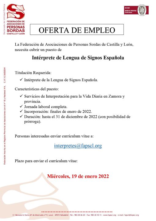 FAPSCL's tweet photo. 📢 OFERTA DE EMPLEO 📢
👉 Intérprete de Lengua de Signos Española. Servicios de interpretación para la vida diaria.
📍 Zamora y provincia.
#LSE #ILSE #FAPSCL #empleo https://t.co/Nkio0NkIPe