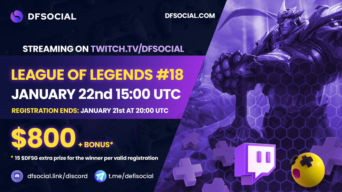 New #LeagueOfLegends tournament! 
➡️January 22nd at 15:00 UTC
💰$800 in $DFSG in rewards!
🗓 Register before Jan 21st at 20:00 UTC

PLAY FOR FREE #PlayToEarn 👇
dfsocial.link/discord

RULES 👇
dfsocial.link/LOL18