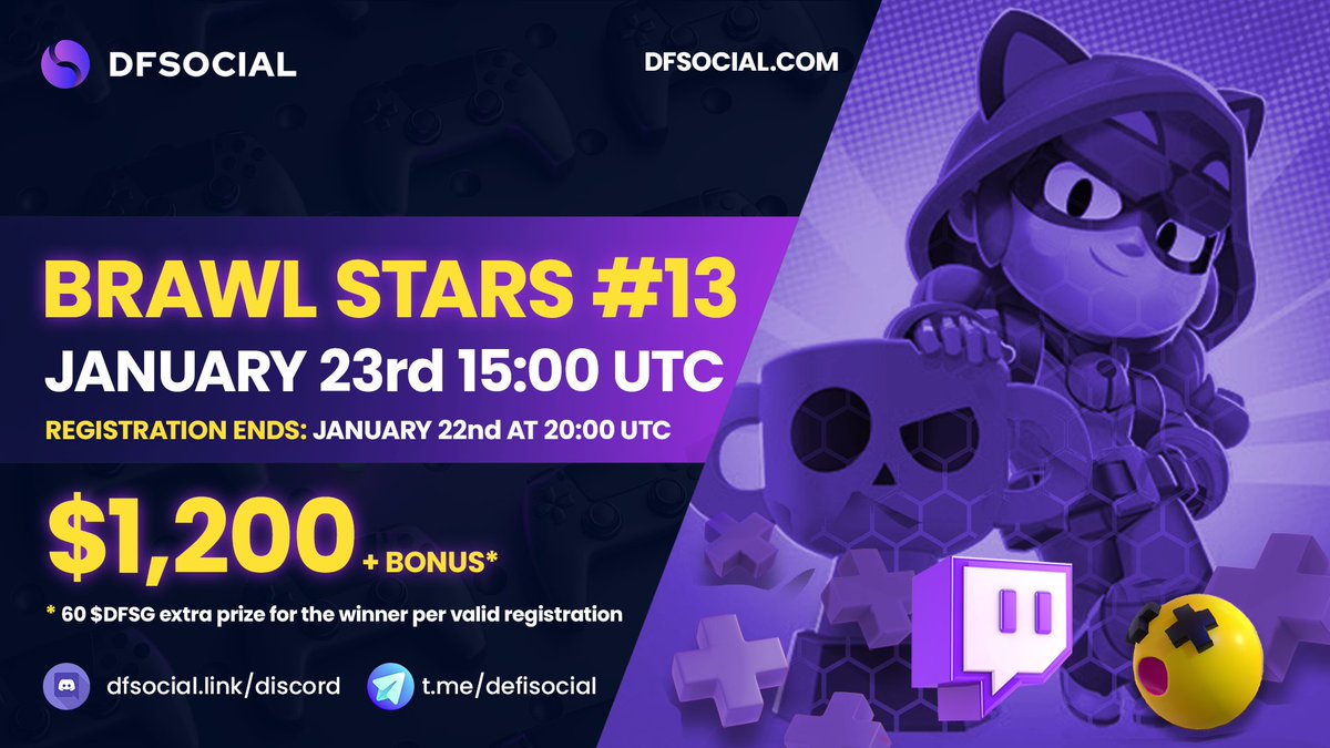 New #BrawlStars tournament! 
➡️January 23rd at 15:00 UTC
💰$1,200 in $DFSG in rewards!
🗓 Register before Jan 22nd at 20:00 UTC

PLAY FOR FREE #PlayToEarn 👇
dfsocial.link/discord

RULES 👇
dfsocial.link/BS13