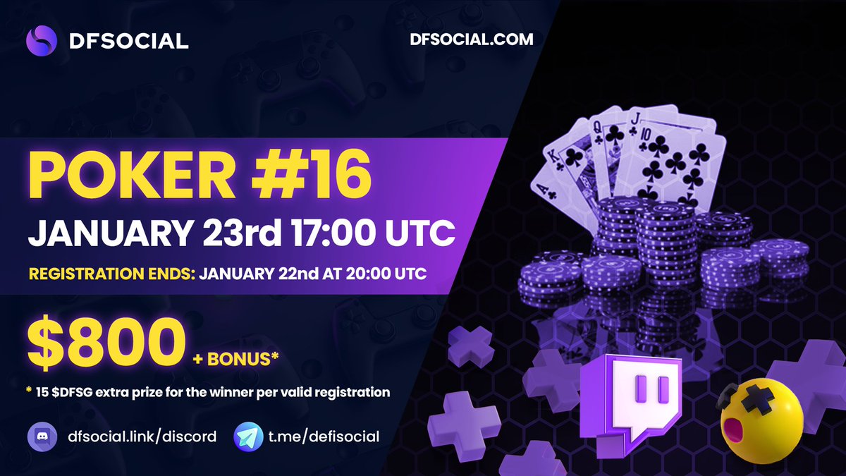 New #Poker tournament! 
➡️January 23rd at 17:00 UTC
💰$800 in $DFSG in rewards!
🗓 Register before Jan 22nd at 20:00 UTC

PLAY FOR FREE #PlayToEarn 👇
dfsocial.link/discord

RULES 👇
dfsocial.link/Poker16