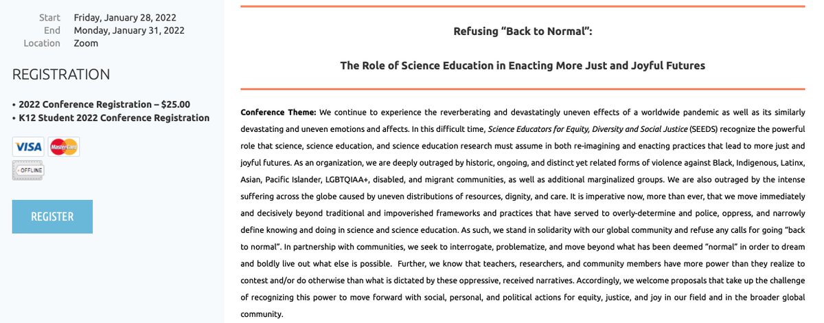 Interested in connecting with other science teachers and education researchers whose work is centered on TRANSFORMATIVE science education? The registration ($25) for the annual @SEEDS4equity conference (1/28 - 1/31) is open: sefedasj.wildapricot.org/Conference-Reg…