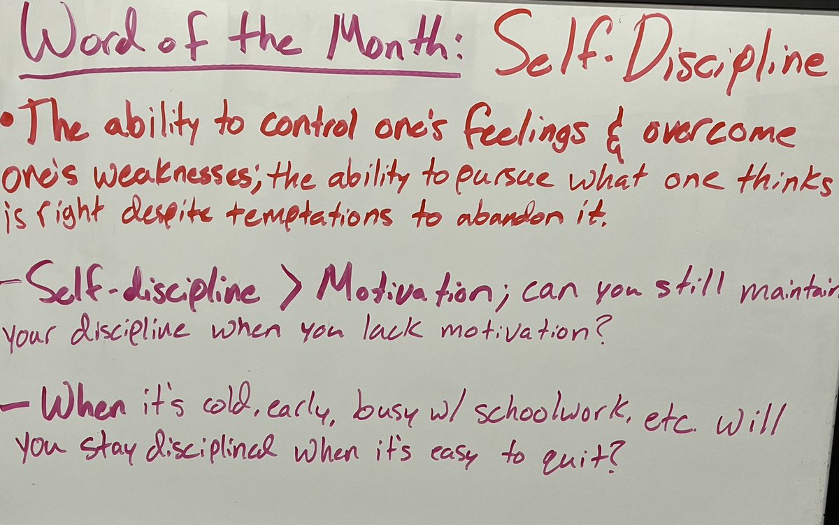 New month means new word!

Self-Discipline: are you a motivated athlete or a disciplined one? Can you stick to your routines and give great effort even when motivation isn’t there?

Each day is an opportunity to work on building great habits and practicing self-discipline!