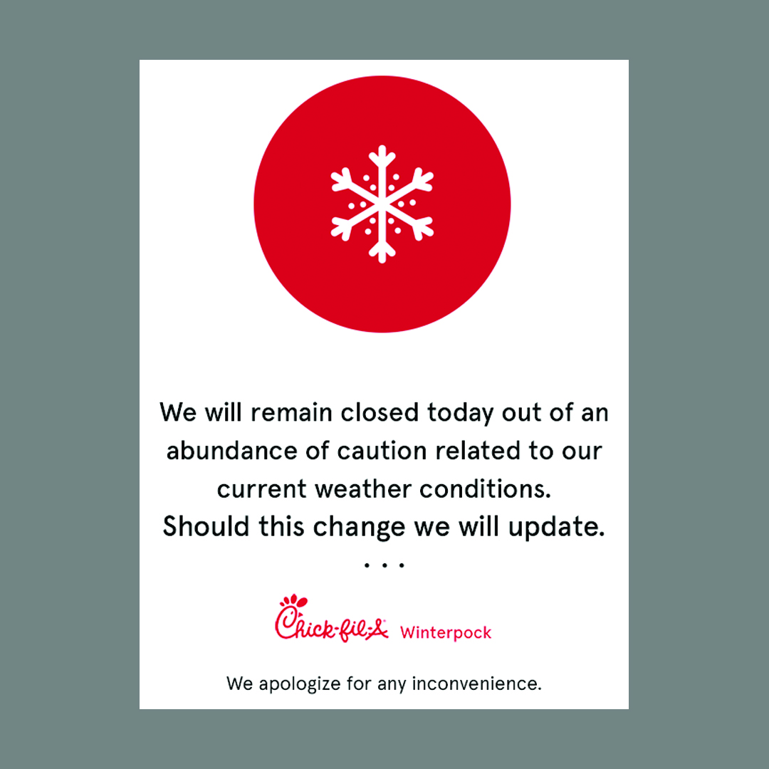 We were planning to open at 11am, however, out of an abundance of caution over the areas first winter storm and the uncertainty it brings we will remain closed today, Monday, Jan 3. Should this change we will update.