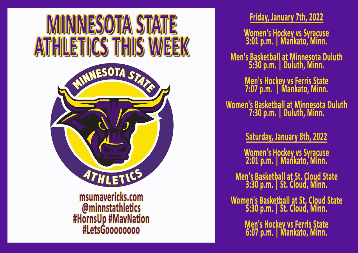 MinnStAthletics's tweet photo. Here we go Mavericks, here we go! This week's schedule for Minnesota State Athletics, home & away. #HornsUp #LetsssGoooooooo https://t.co/3BqBkej6Br