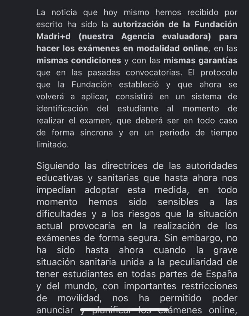 <a href="/UNED/">UNED</a> <a href="/rmairal/">Ricardo Mairal Usón</a> mirad, cuando a la gestión educativa le añades empatía y preocupación por tus alumnos, aparecen cosas como está.
<a href="/UDIMA/">Universidad UDIMA</a>, consciente de la situación, se une a la lista de universidades que optan por la evaluación online, con autorización de su agencia evaluadora.