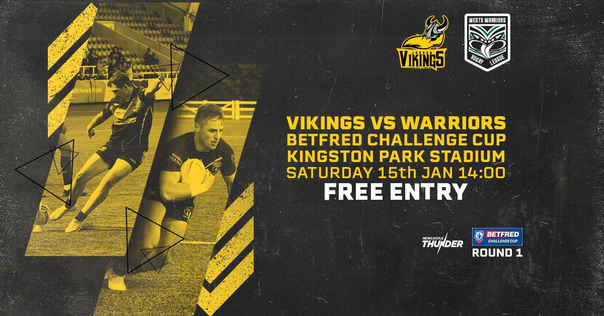 Kick off 2022 with a mouthwatering <a href="/TheChallengeCup/">Betfred Challenge Cup</a> 1st round clash.

Our very own <a href="/NorthEastRL/">NE Rugby League</a> Champions <a href="/JarrowVikings/">Jarrow Vikings</a> taking on the London Champions Wests Warriors  

Ko at Kingston park is 2pm on Sat 15th Jan &amp; is FREE entry

Let’s get a big crowd down to support the Vikings