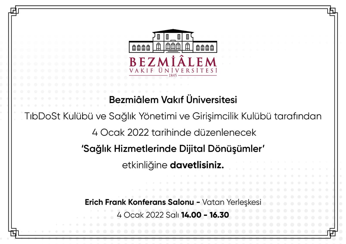 bvusygk's tweet photo. Kulübümüz ve @bvutibdost  ile birlikte hazırladığımız HİMMS organizasyonumuz gerçekleşecektir.
Etkinliğimize hepiniz davetlisiniz.
🗓 : 4 Ocak 2022 Salı
⏰ : 14.00-16.00
📍 : Vatan Yerleşkesi Erich Frank Konferans Salonu
👉🏻 Katılımcılara katılım belgesi verilecektir. https://t.co/ibs2Ux180q