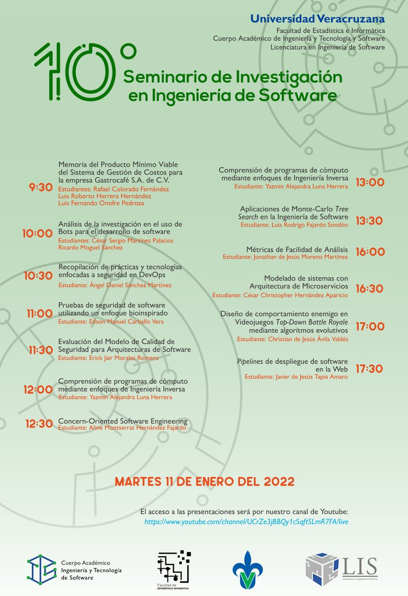 Se les invita cordialmente a acompañarnos en el 10° Seminario de Investigación en Ingeniería de Software el próximo 10 y 11 de enero de 2022. La transmisión será en vivo por el canal de YouTube de la LIS. 
youtube.com/channel/UCrZe3…
¡No se lo pierdan!